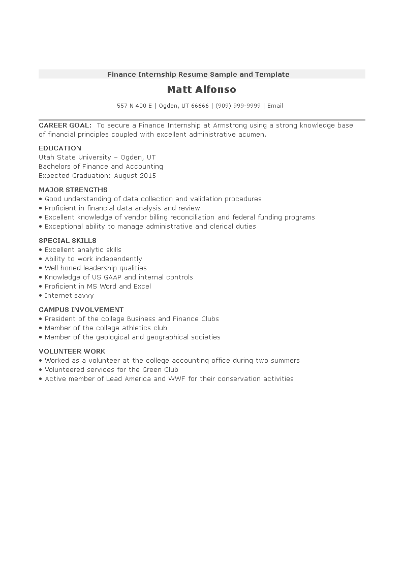 finance internship resume sample and template