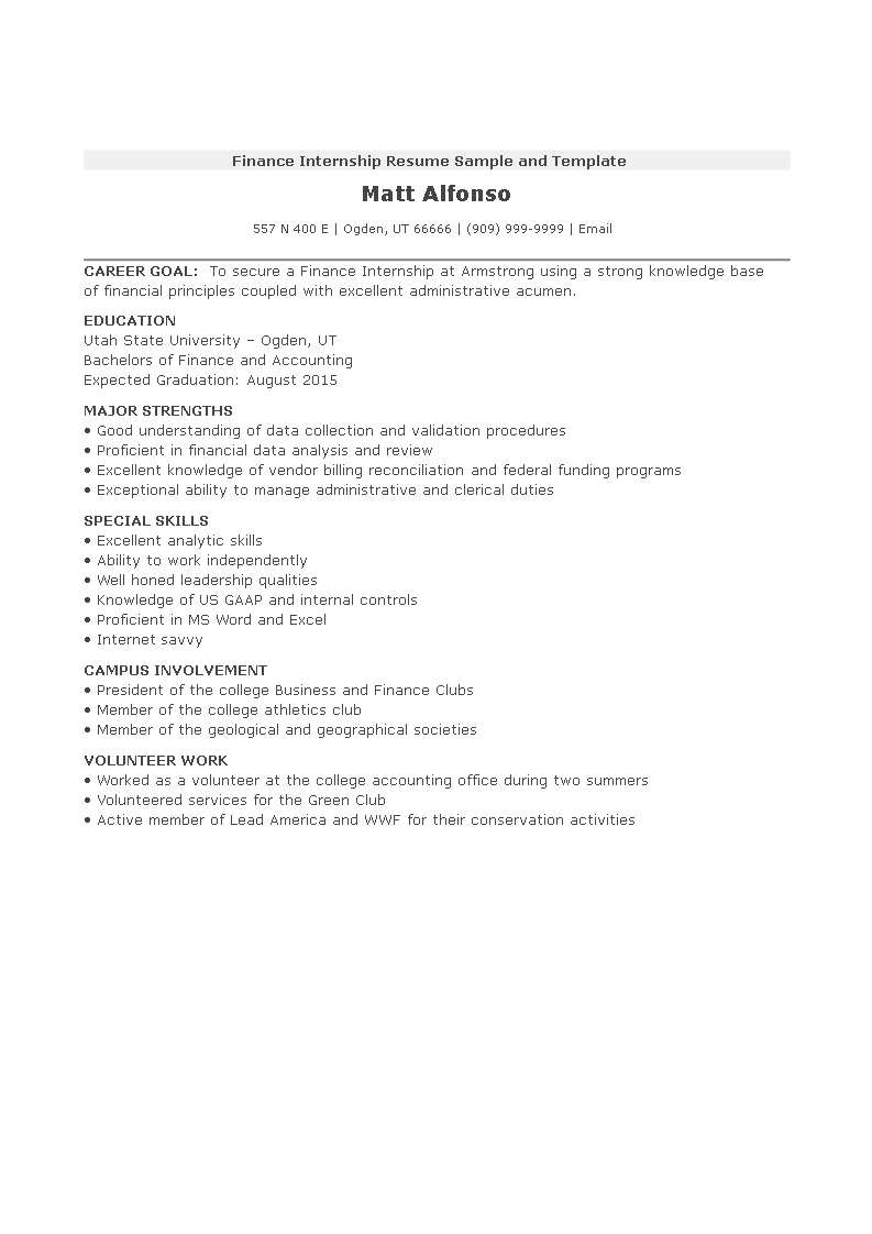 finance internship resume sample and Hauptschablonenbild