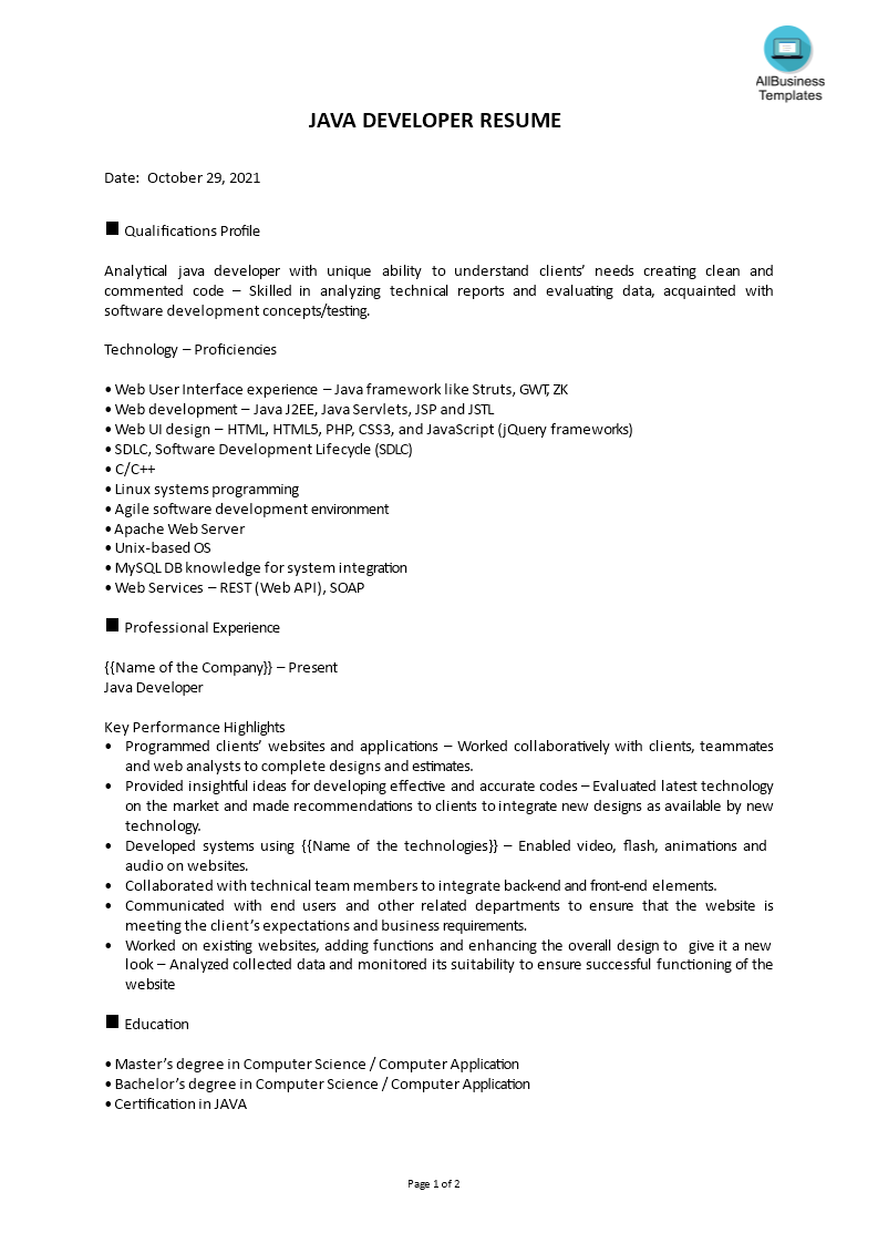 java developer cv voorbeeld afbeelding 