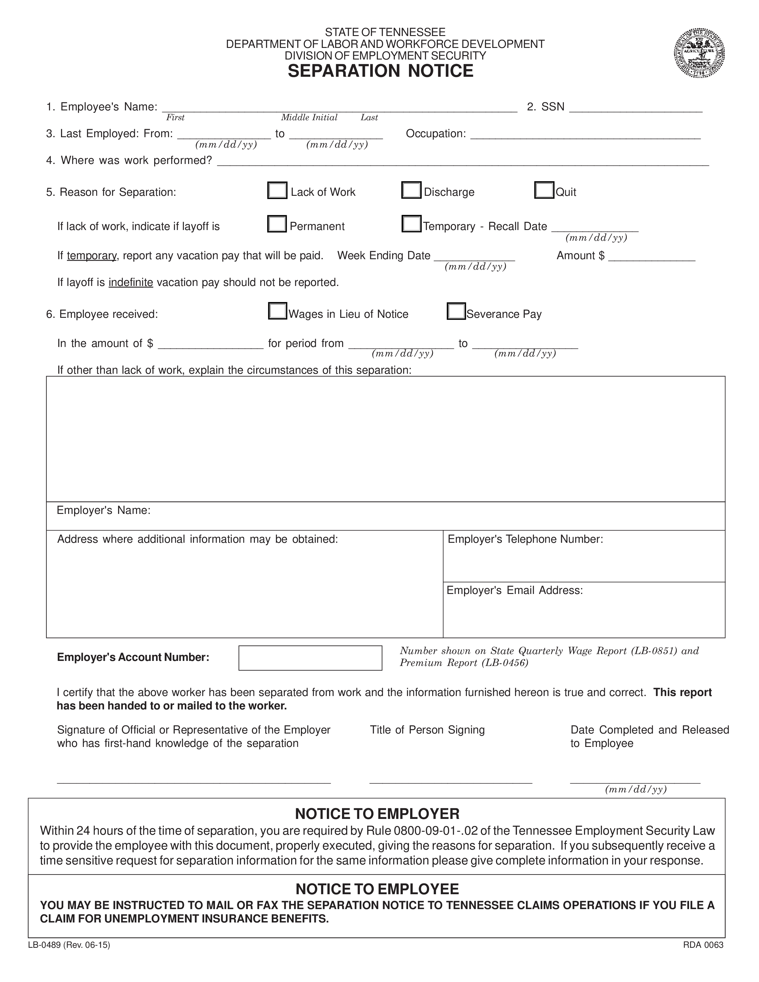 tennessee separation notice template