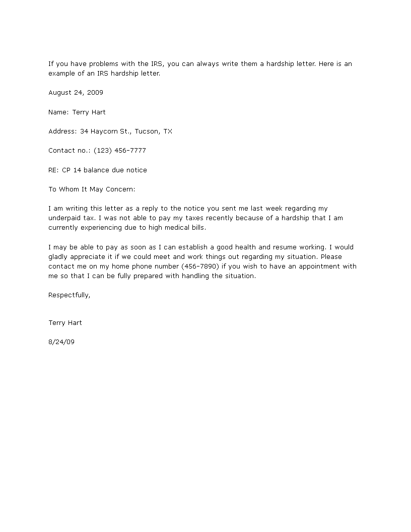 irs hardship letter template