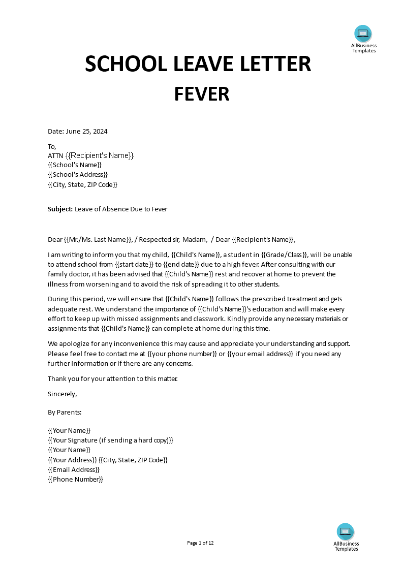 School Leave Letter Due To Fever | Templates At Allbusinesstemplates.Com