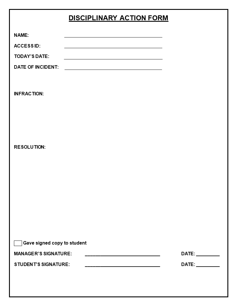 blank disciplinary action form template