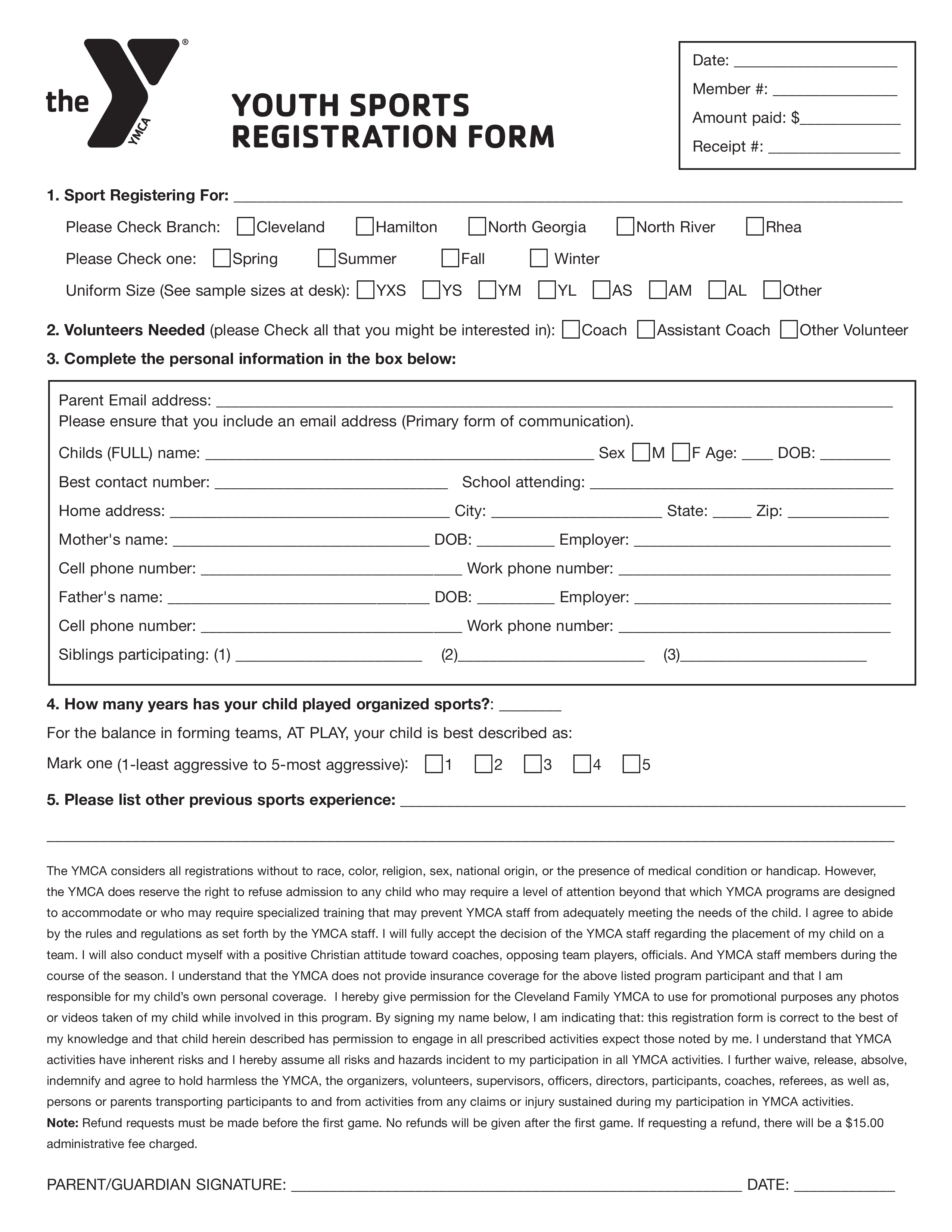 youth sports registration form template