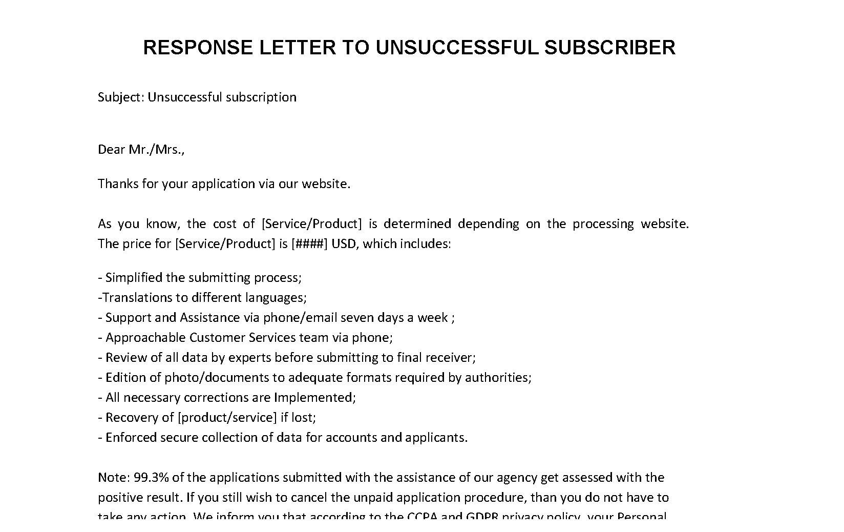 ccpa response letter to unsuccessful subscriber template