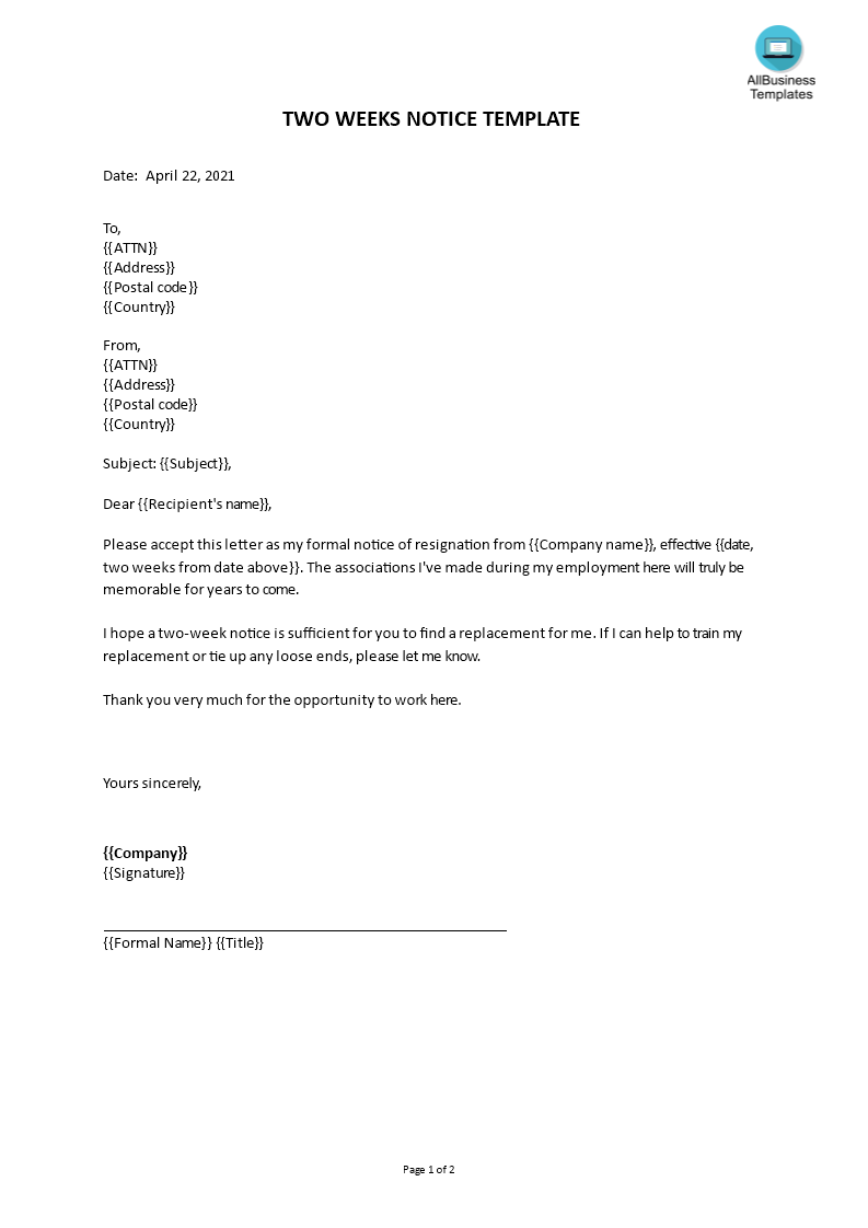 Kostenloses Two weeks notice template For 2 Weeks Notice Template Word