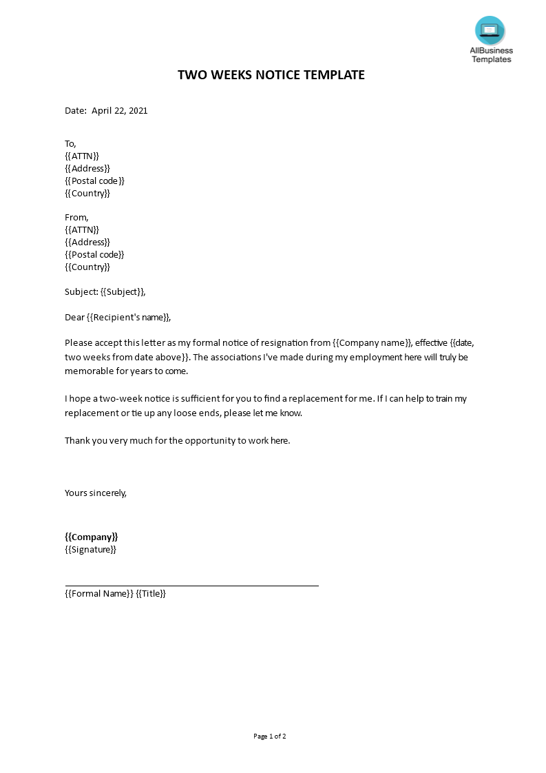 two weeks notice template template