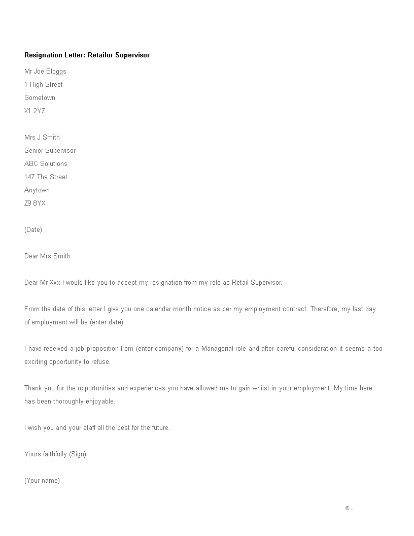 resignation letter for retail supervisor modèles
