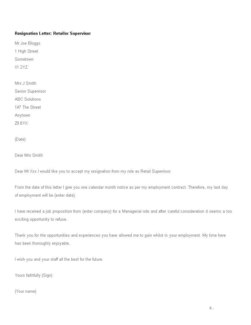 resignation letter for retail supervisor template