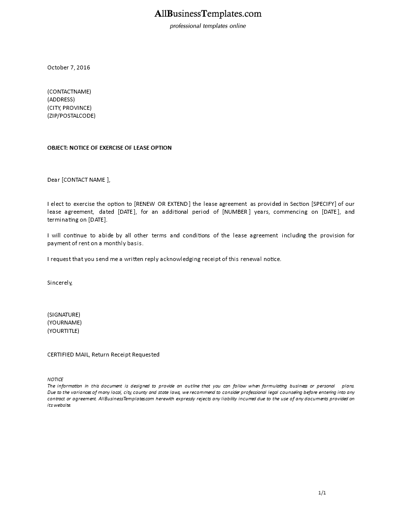 formal notice exercise of lease option modèles