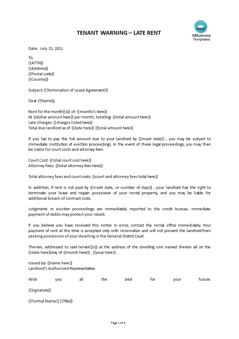 Tenant Late Rent Warning Letter Templates at