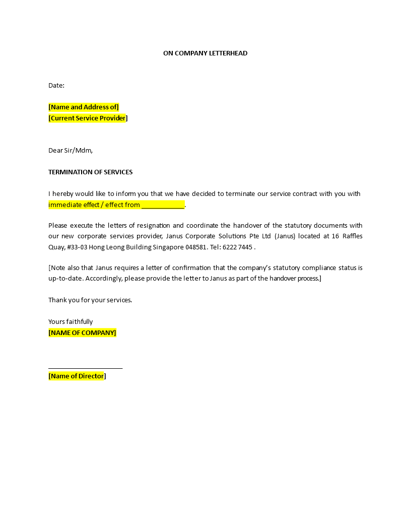 sample termination of service letter template