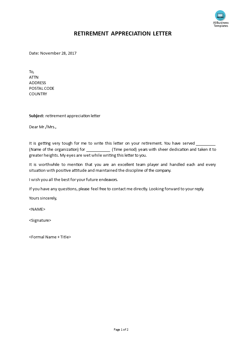 Retirement Appreciation Letter main image