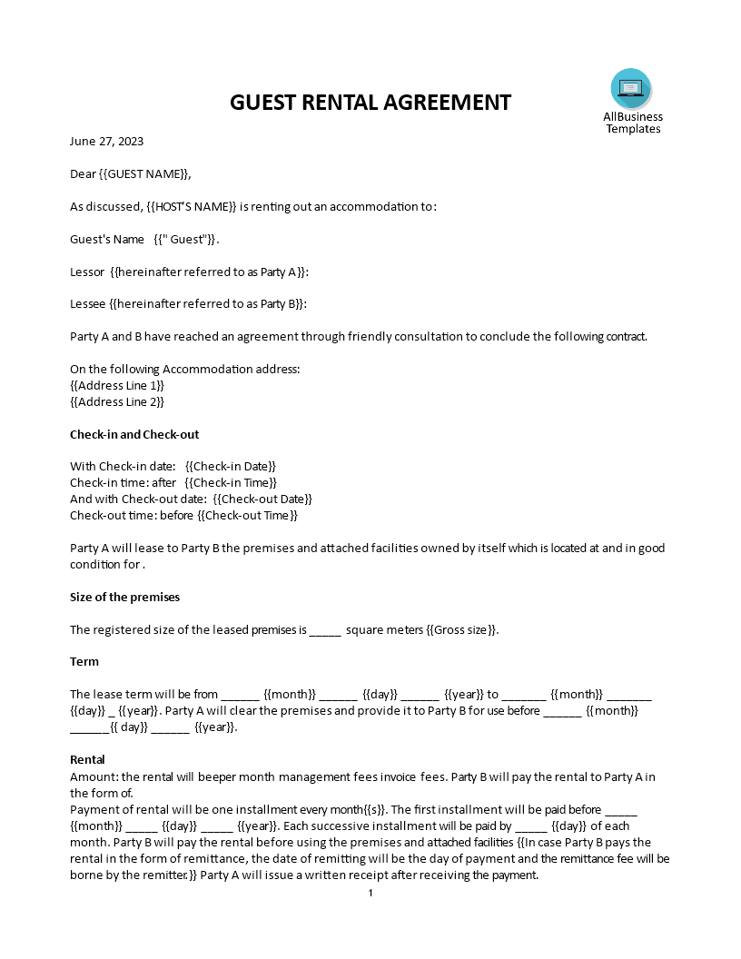 airbnb guest short term rental agreement template