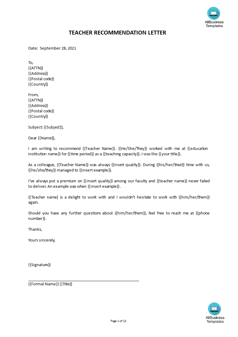 teacher recommendation letter sample template