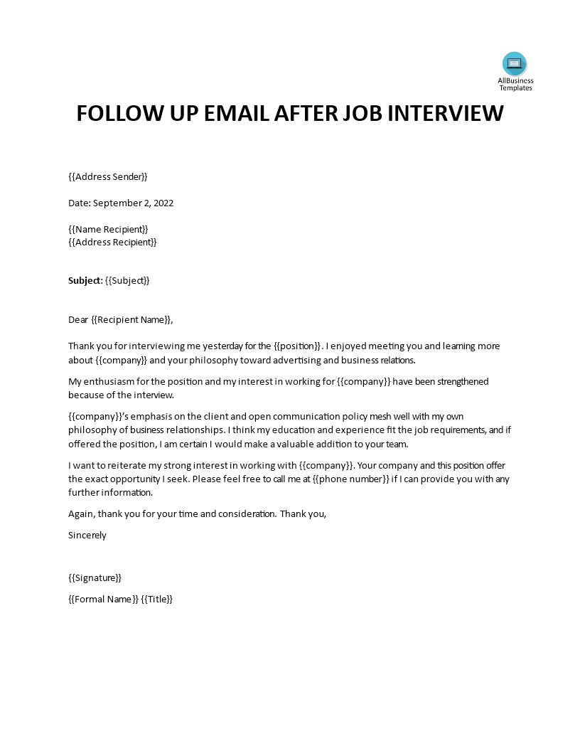 follow up thank you letter after interview modèles