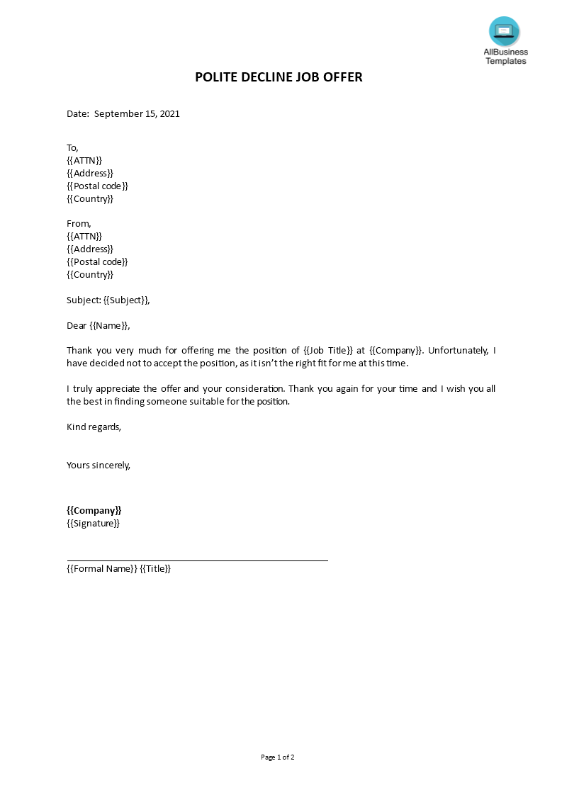 How To Politely Decline A Job Offer Template Printable Templates