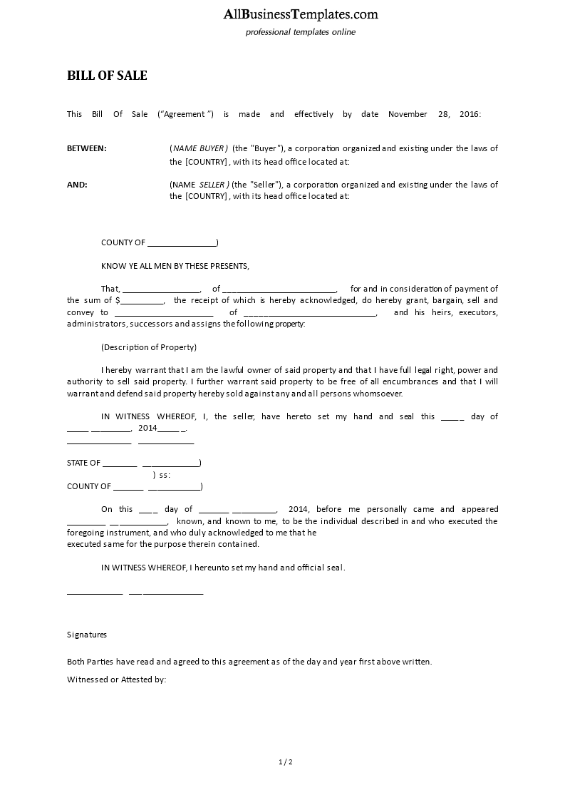 Bill Of Sale Word Template 模板