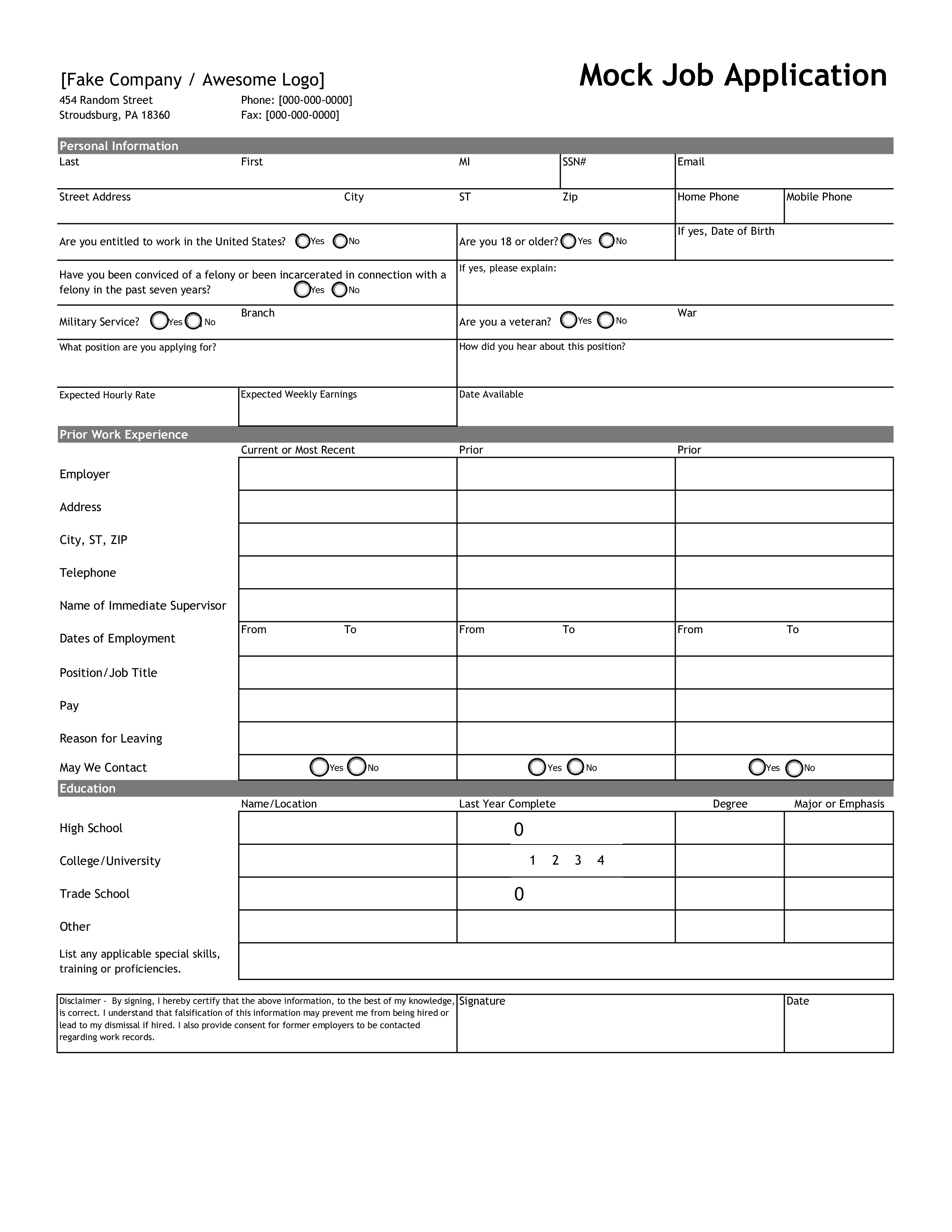 Free Printable Blank Job Application Templates At 