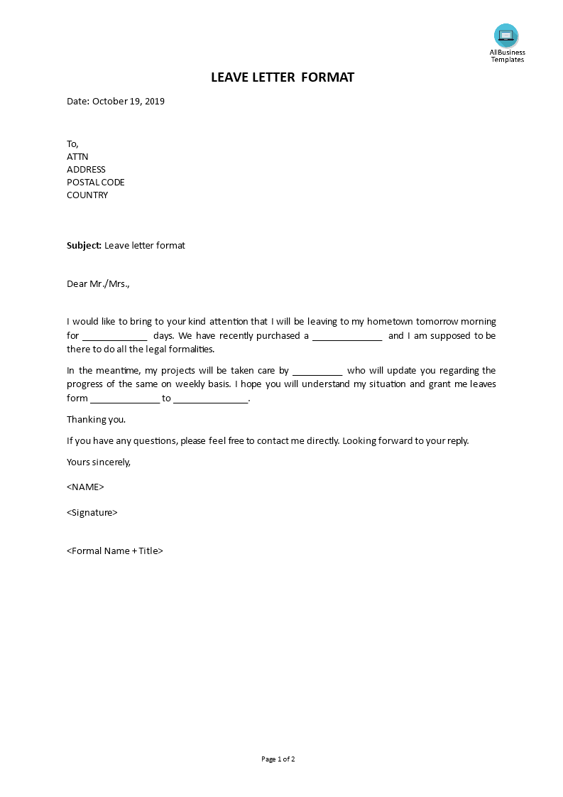 Business Leave Letter Format