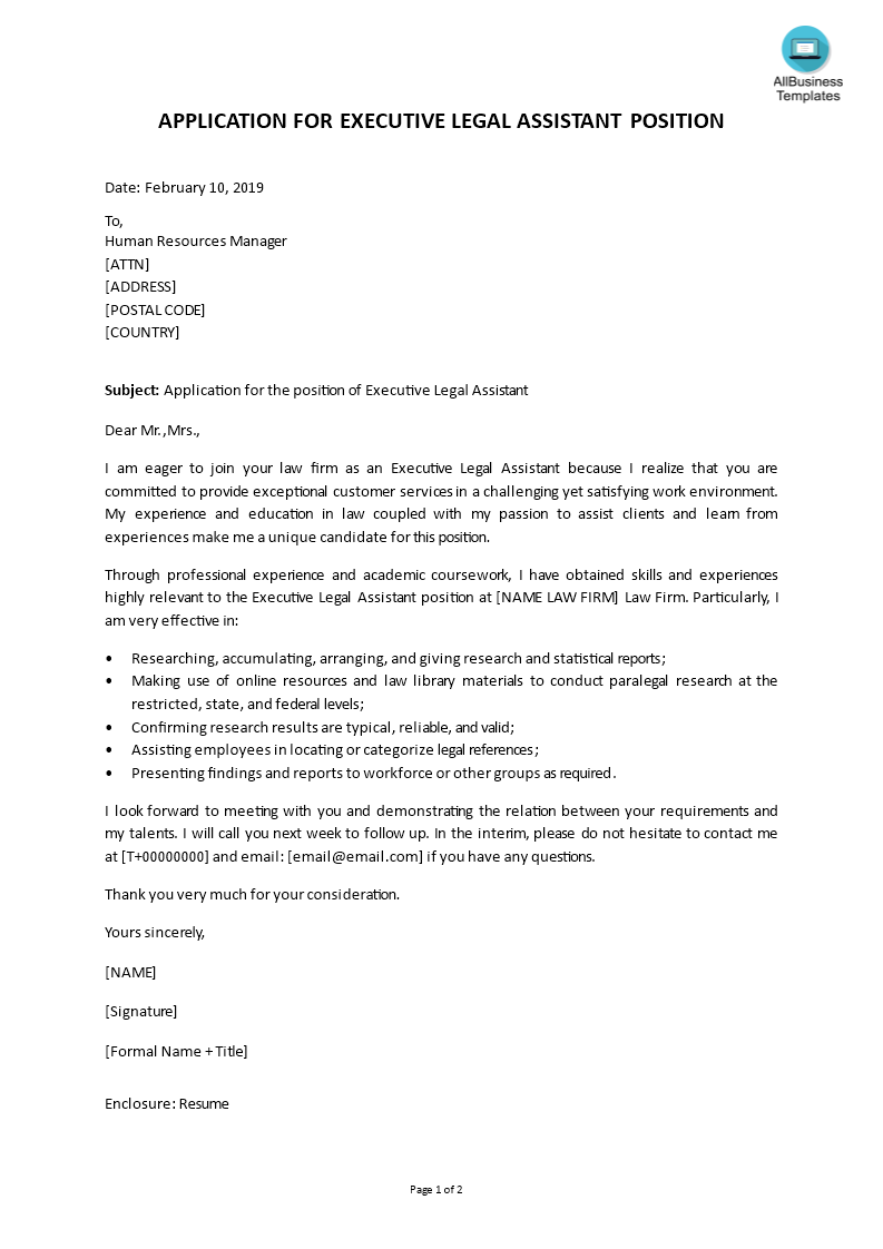 Executive Legal Assistant Cover Letter | Templates at ...
