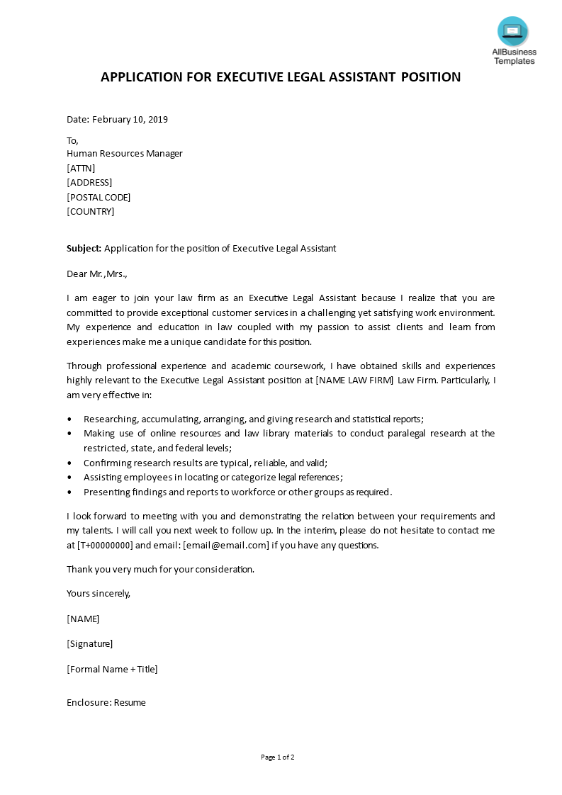 executive legal assistant cover letter template