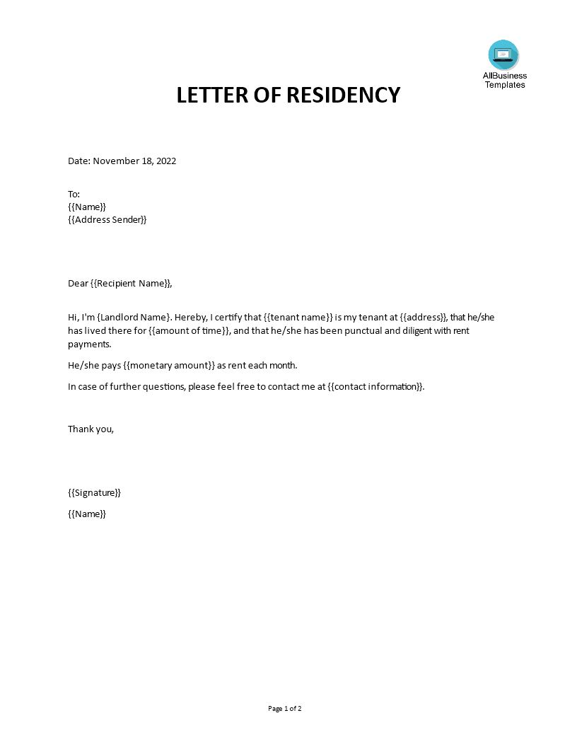 residency letter from landlord template