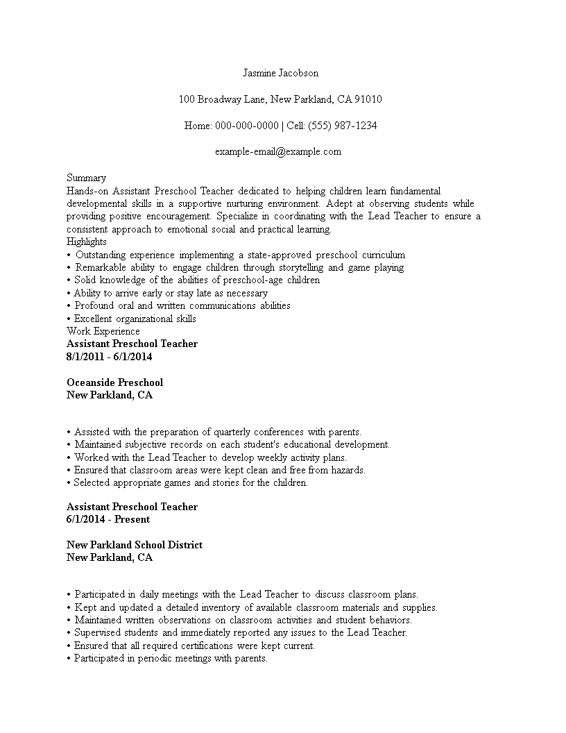 Assistant Preschool Teacher CV template main image