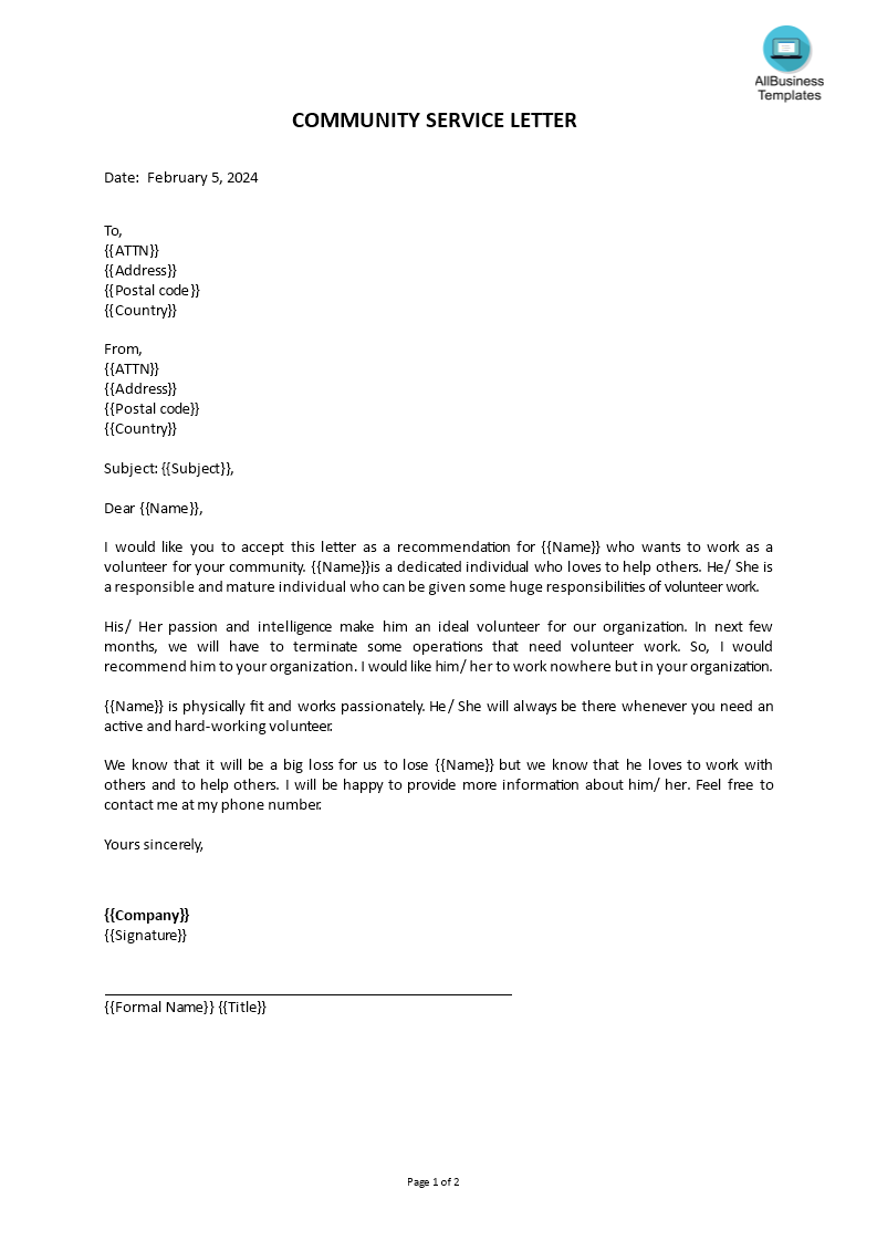 community service recommendation letter template
