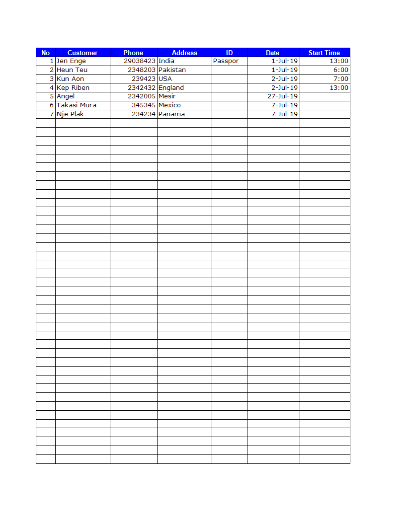 restaurant reservation hourly sheet modèles