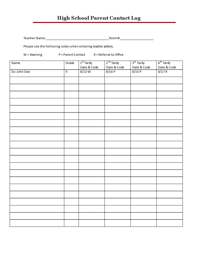 High School Parent Contact Log 模板