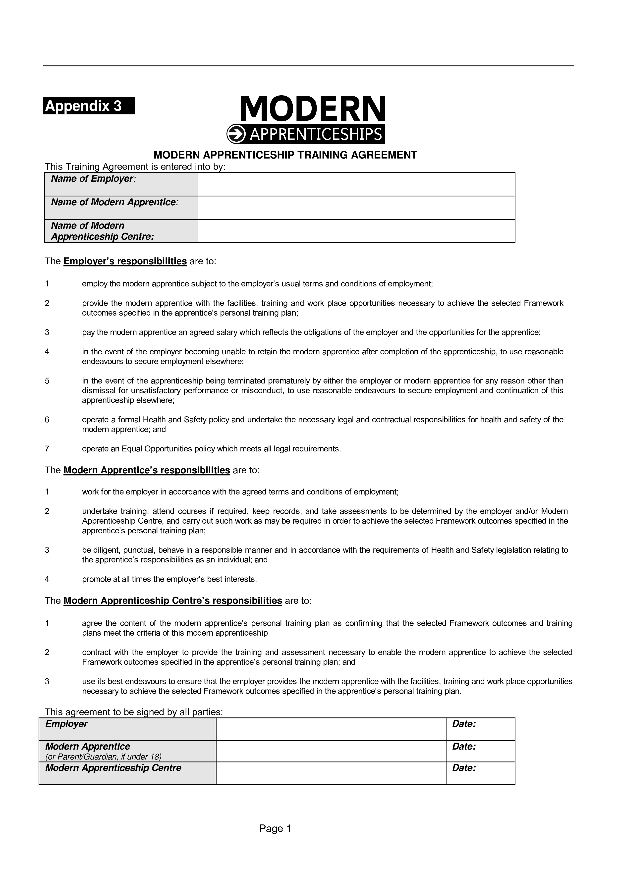 Kostenloses Modern Apprenticeship Training Agreement Form In training agreement between employer and employee template