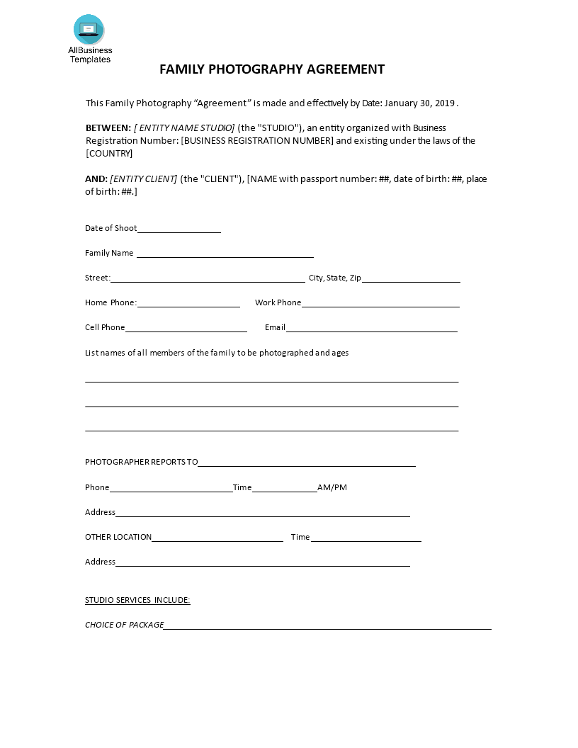 Family Photography Agreement template main image