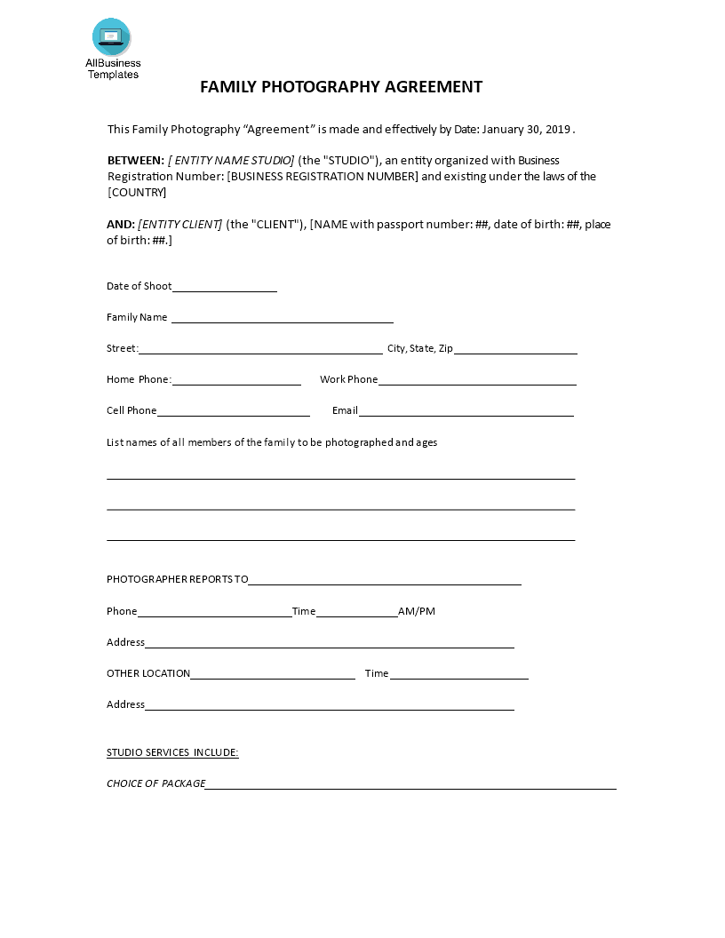 family photography agreement template modèles