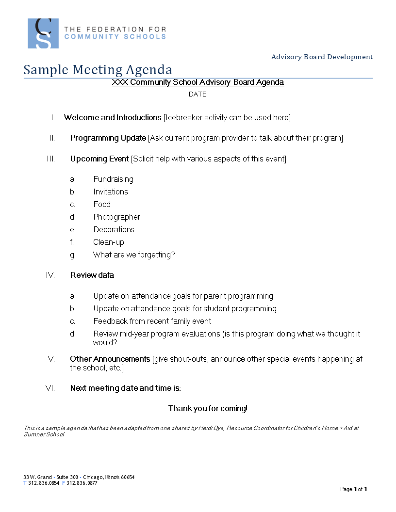 advisory board development agenda template