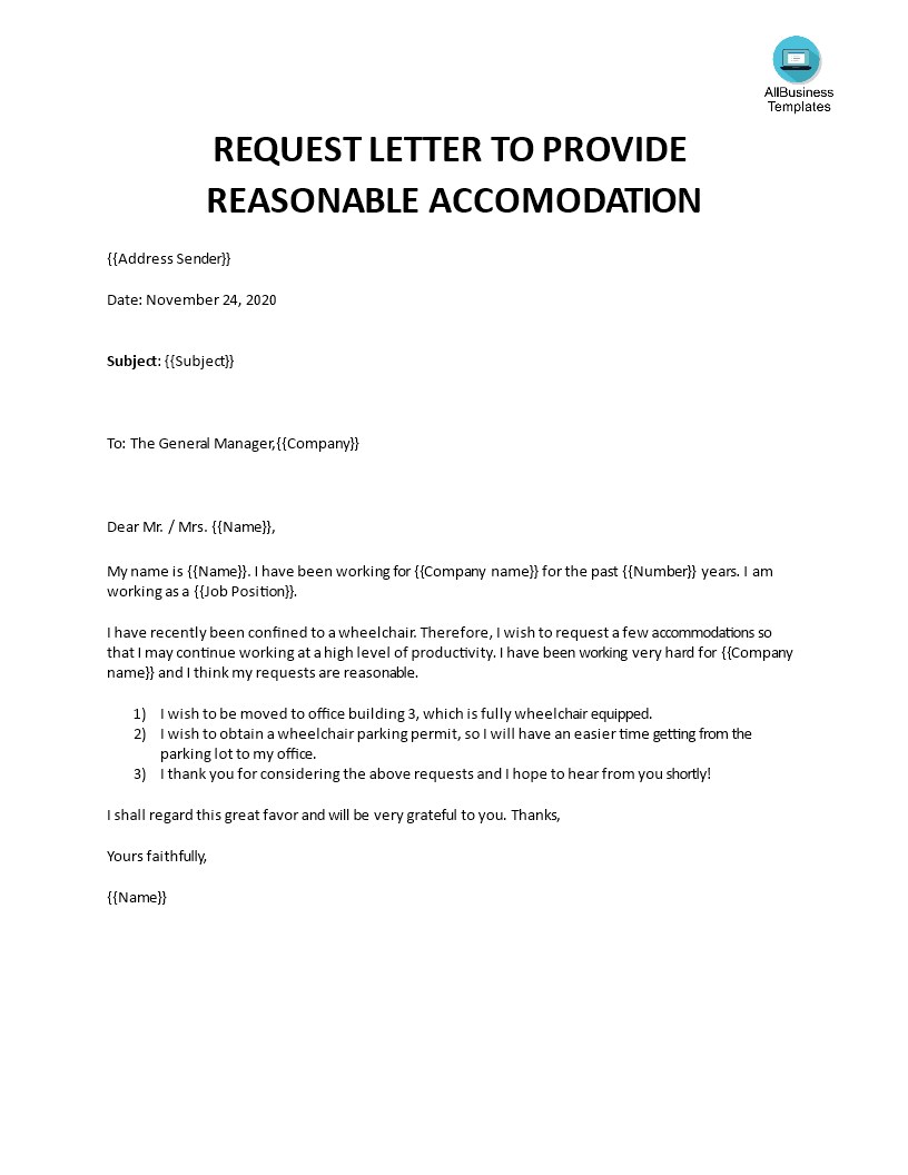 Sample reasonable accommodation letter to employer  Templates