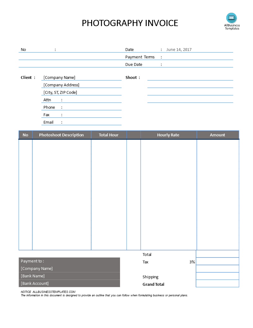 Photography Invoice hourly rate main image