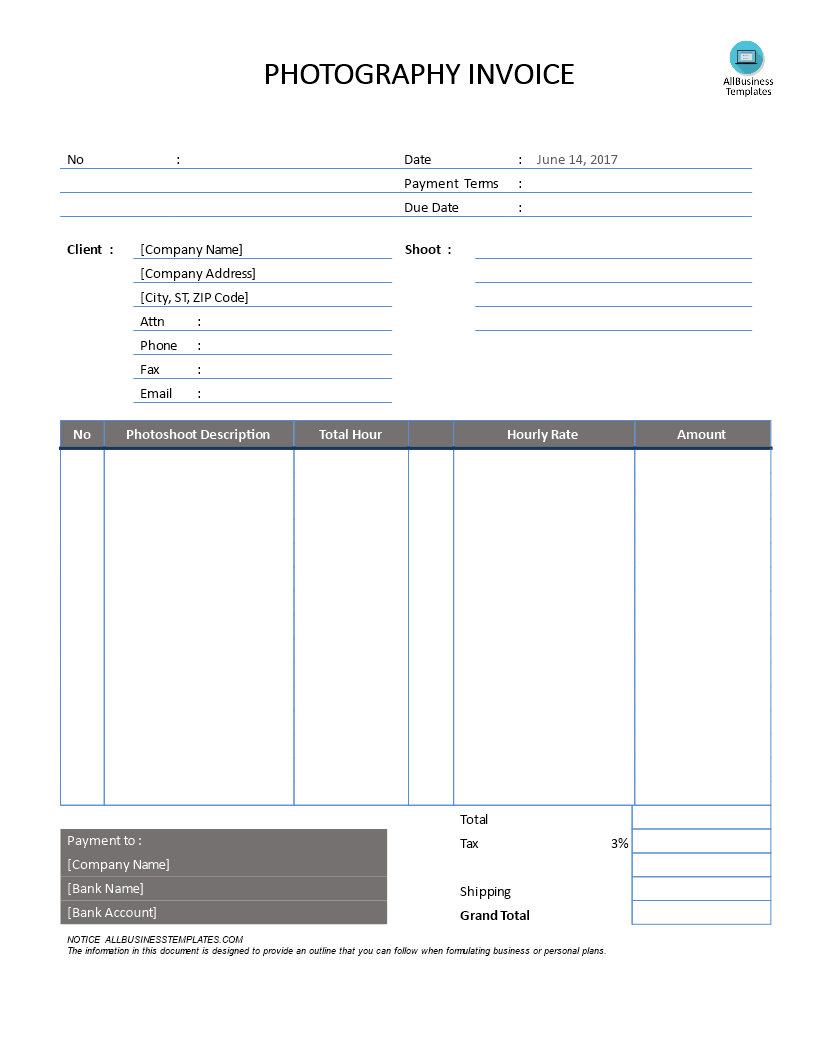 photography invoice hourly rate Hauptschablonenbild