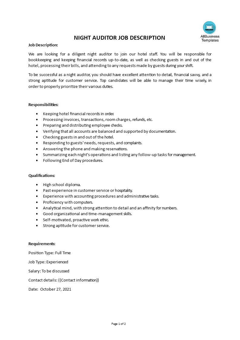 Night Auditor Job Description main image