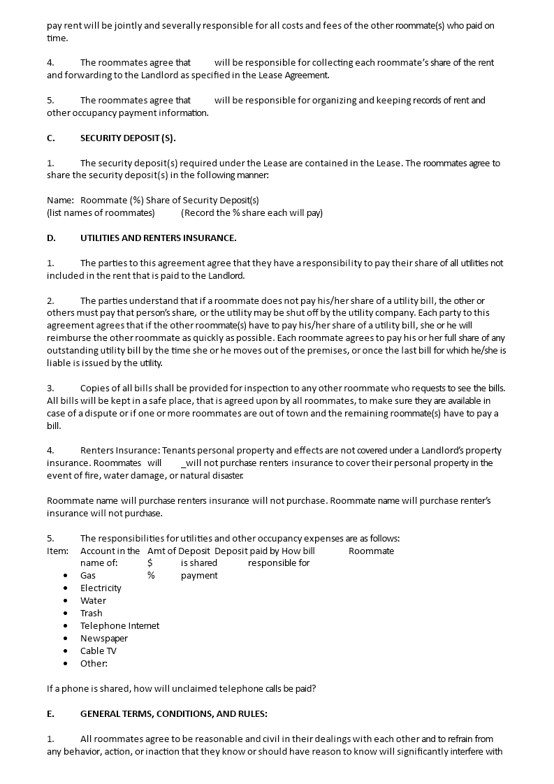 sample roommate agreement form template
