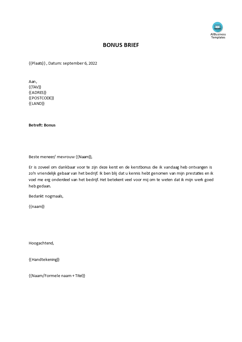 bonus bedankbrief aan baas Hauptschablonenbild