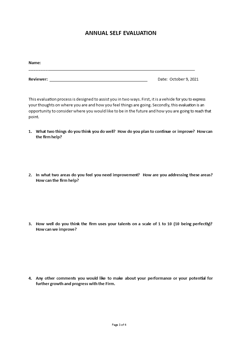 hr annual self evaluation template