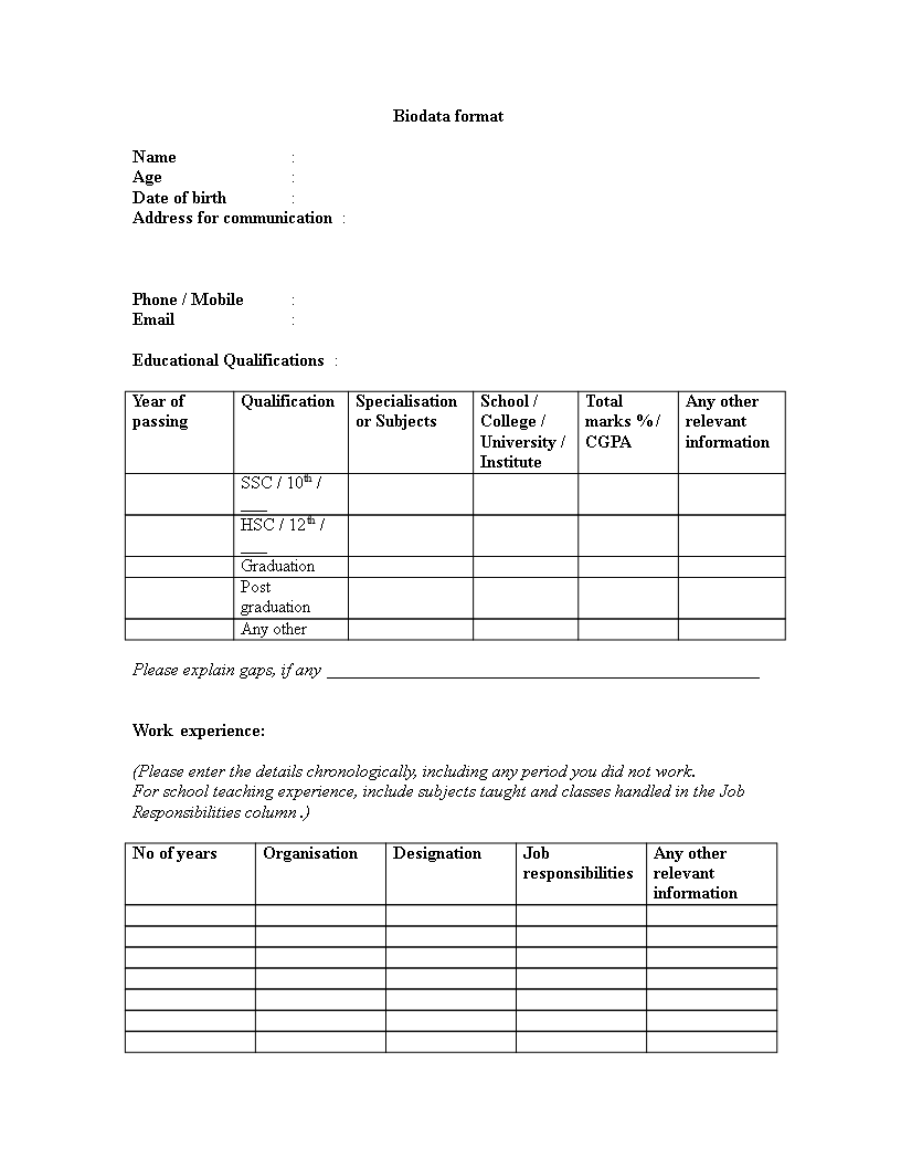 Biodata table format word template 模板