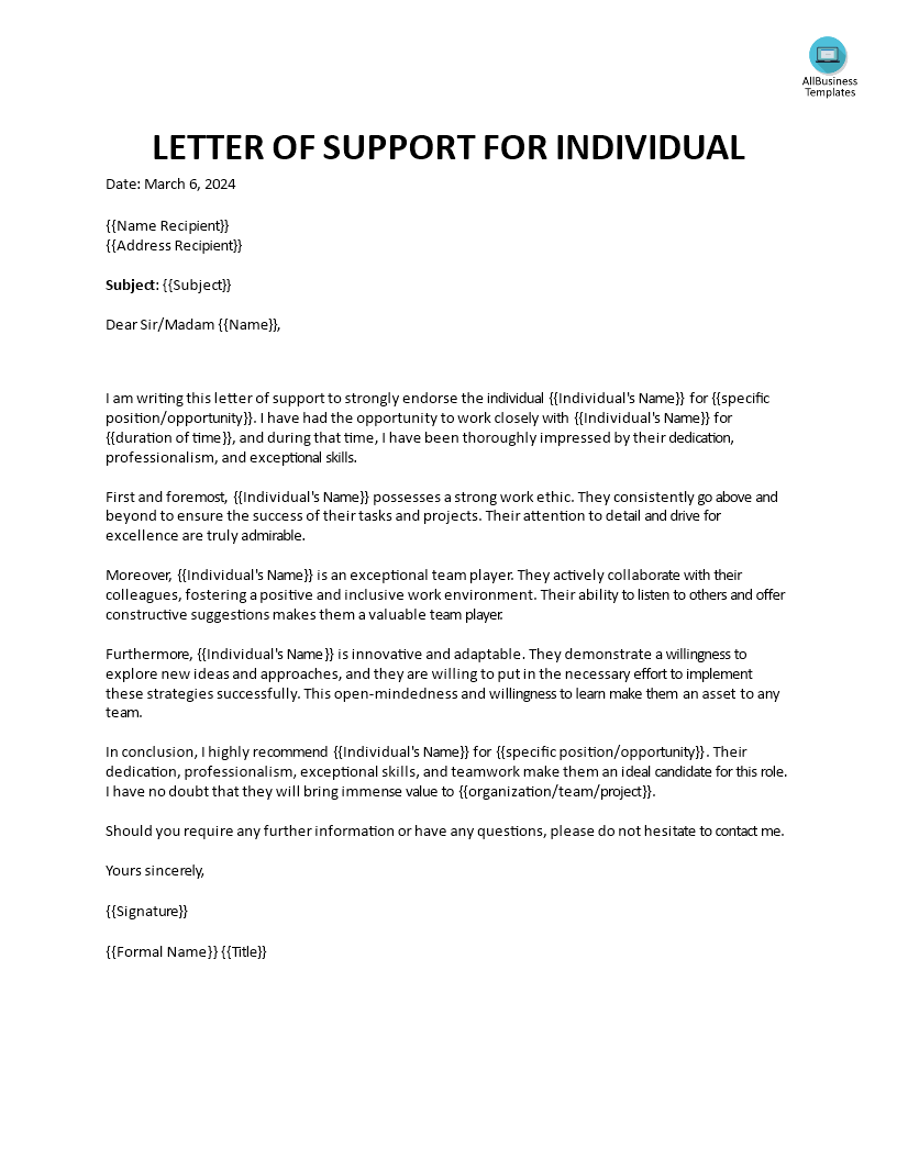 sample letter of support for individual plantilla imagen principal