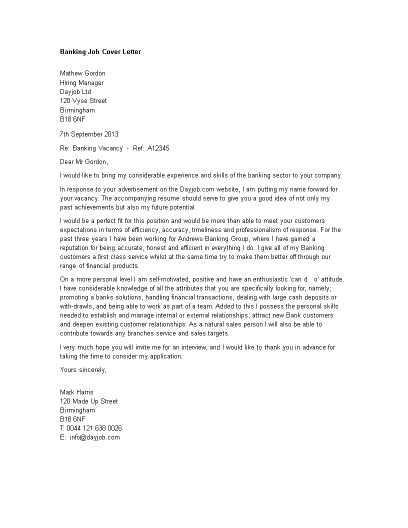 banking job application letter template