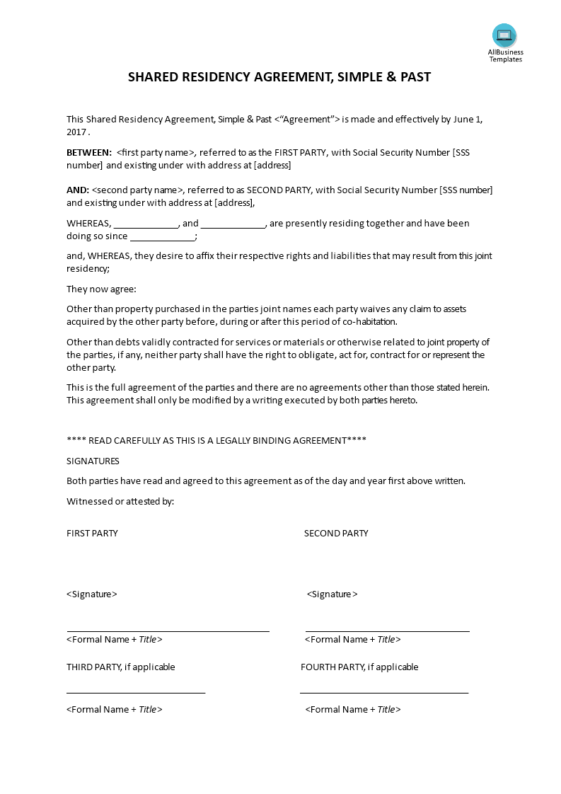 shared residency agreement , simple and past template