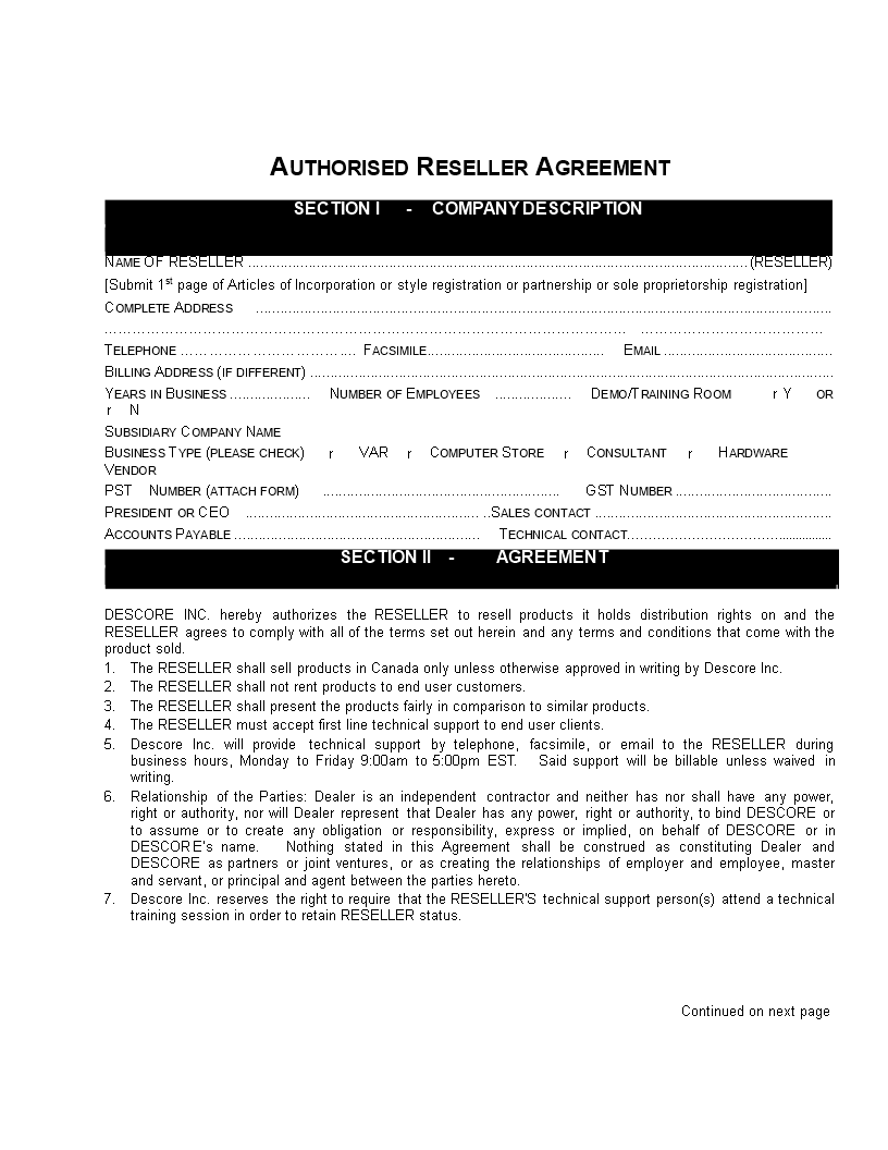 reseller contract agreement sample template