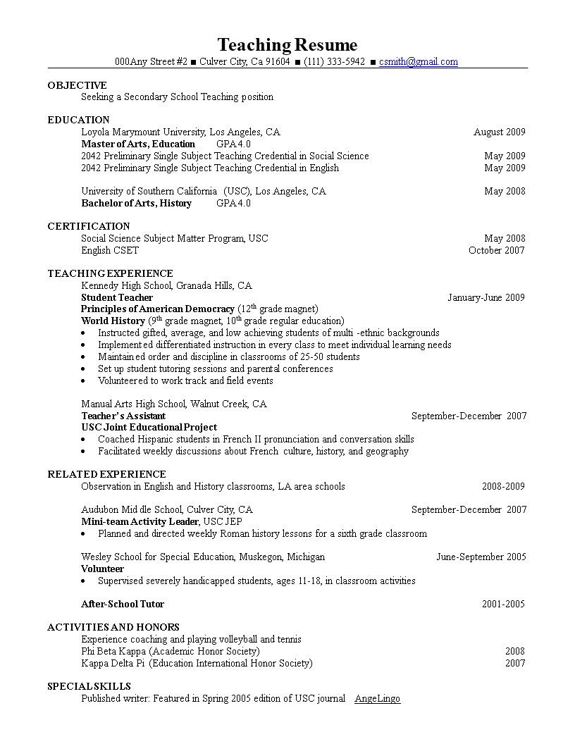 professional resume for teaching modèles