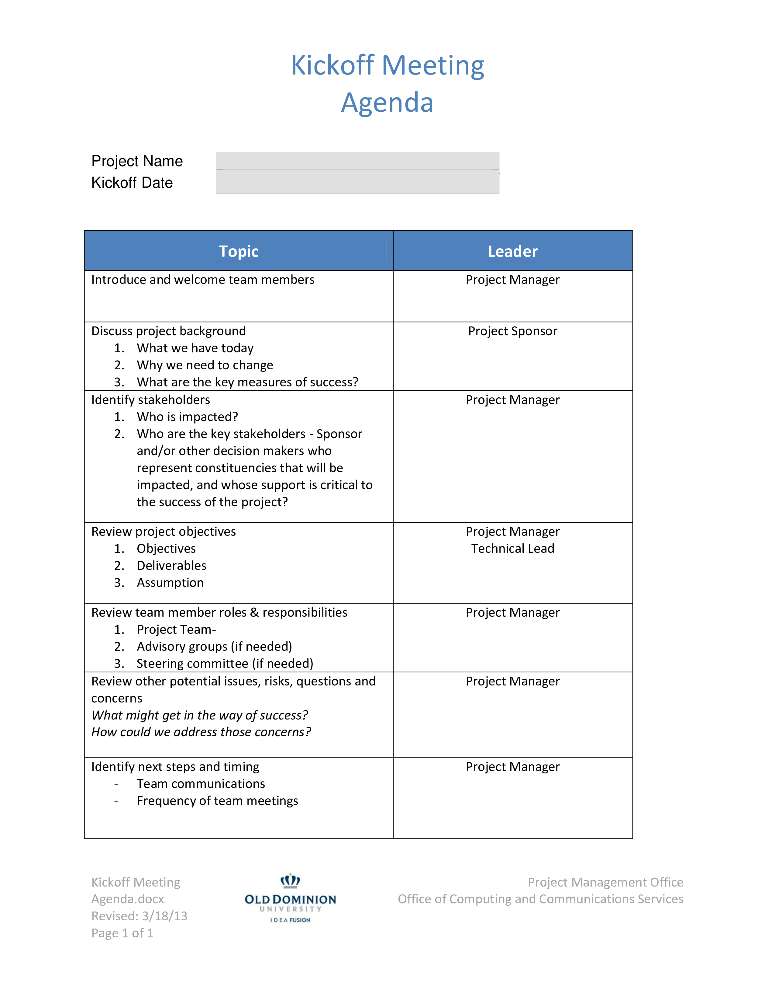 kick off meeting agenda template