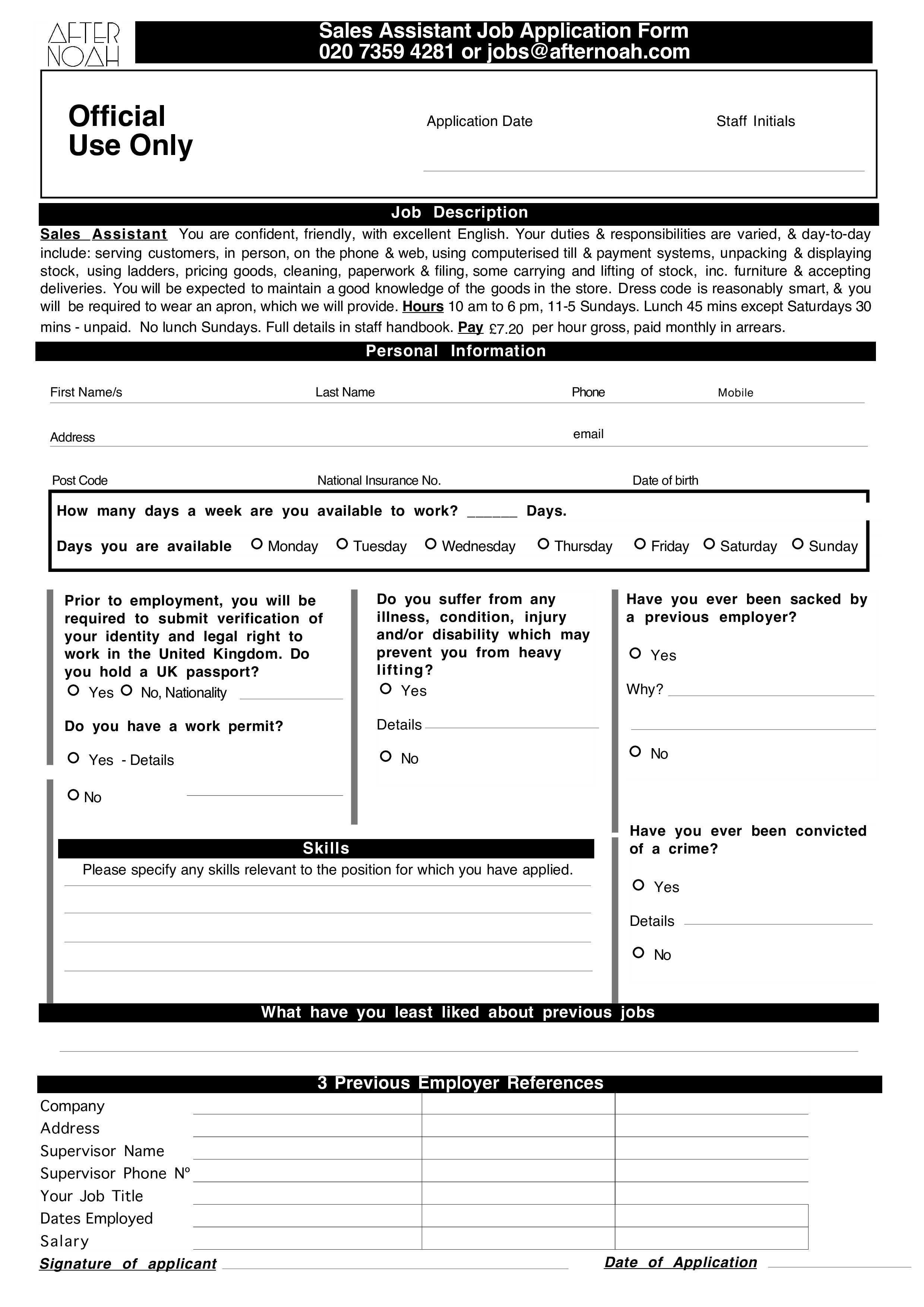 retail assistant job application form template